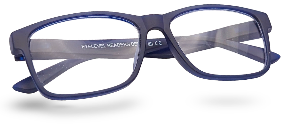 Eyelevel-UK Berlin reading glasses featuring a blue and black rectangular plastic frame with clear magnifying lenses.