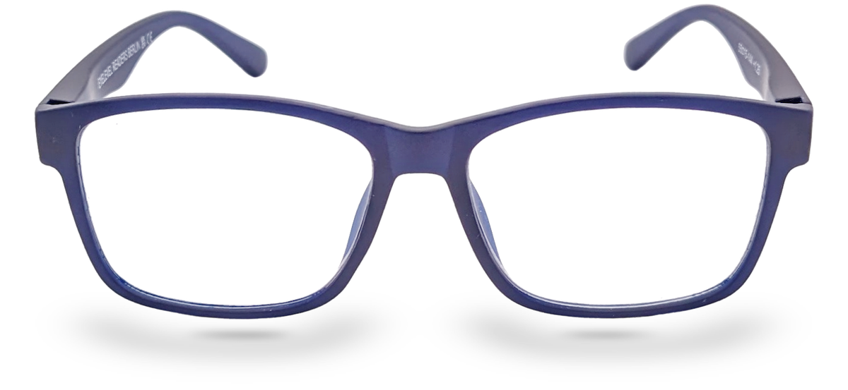 Eyelevel-UK Berlin reading glasses with a blue rectangular plastic frame and clear magnifying lenses