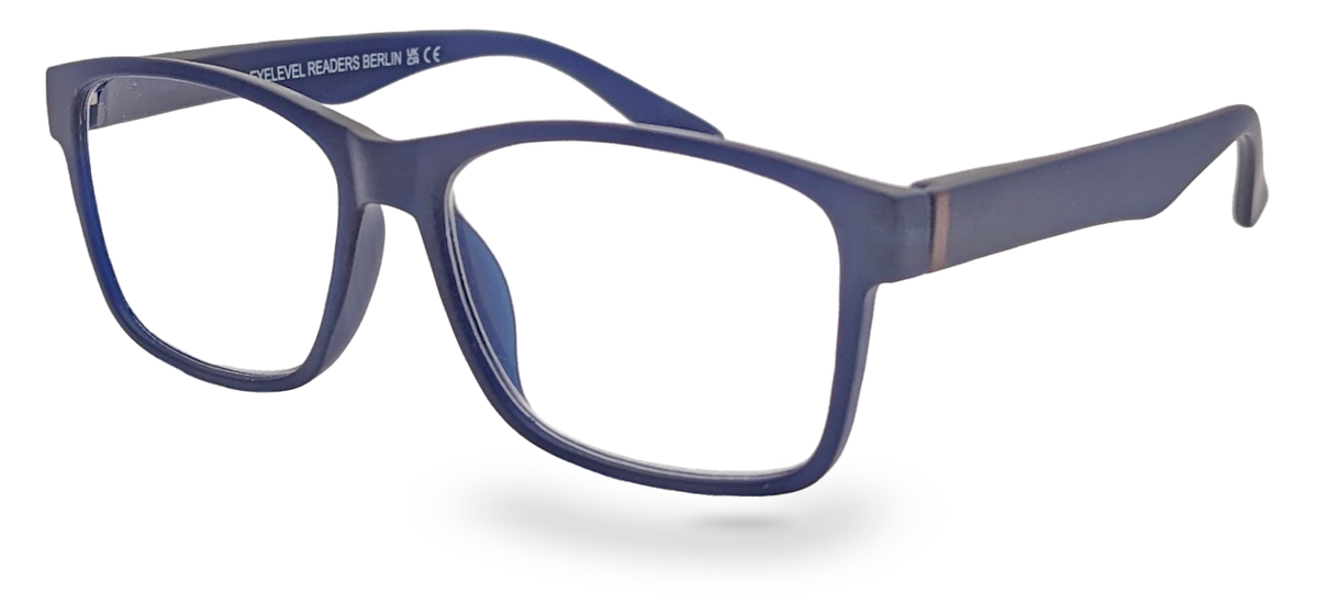 Eyelevel-UK Berlin reading glasses with a blue rectangular plastic frame and clear magnifying lenses.