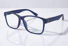 Eyelevel-UK Berlin reading glasses with a blue and black rectangular plastic frame and clear magnifying lenses.