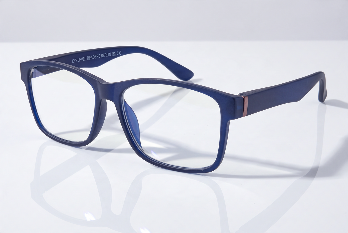 Eyelevel-UK Berlin reading glasses with a blue and black rectangular plastic frame and clear magnifying lenses.