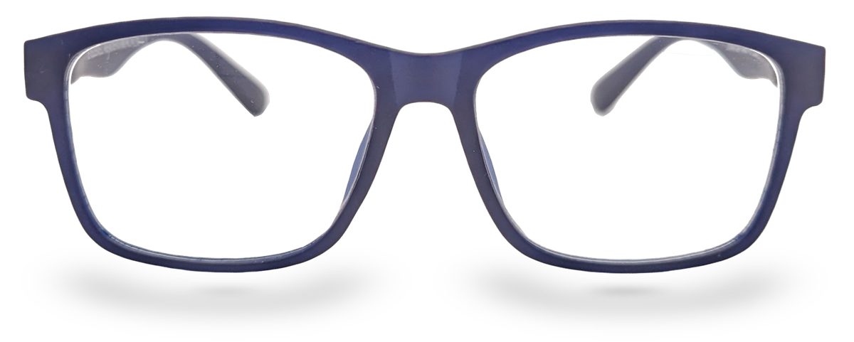 Eyelevel-UK Berlin reading glasses featuring a blue and black rectangular plastic frame with clear magnifying lenses.