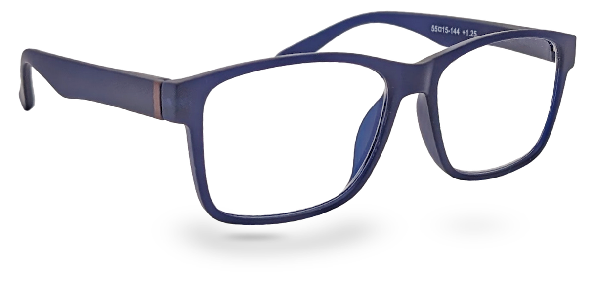 Eyelevel-UK Berlin reading glasses with a blue rectangular plastic frame and clear magnifying lenses