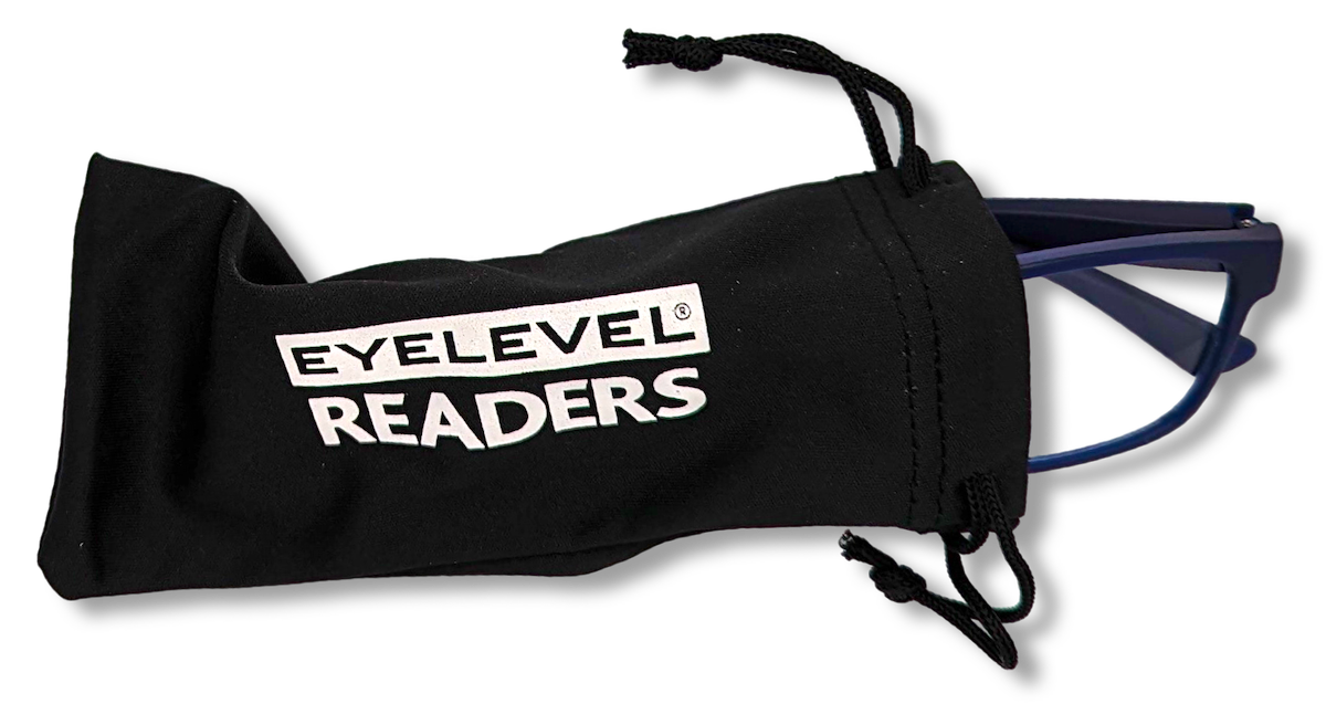 Eyelevel-UK Berlin reading glasses partially inside a black branded felt drawstring pouch