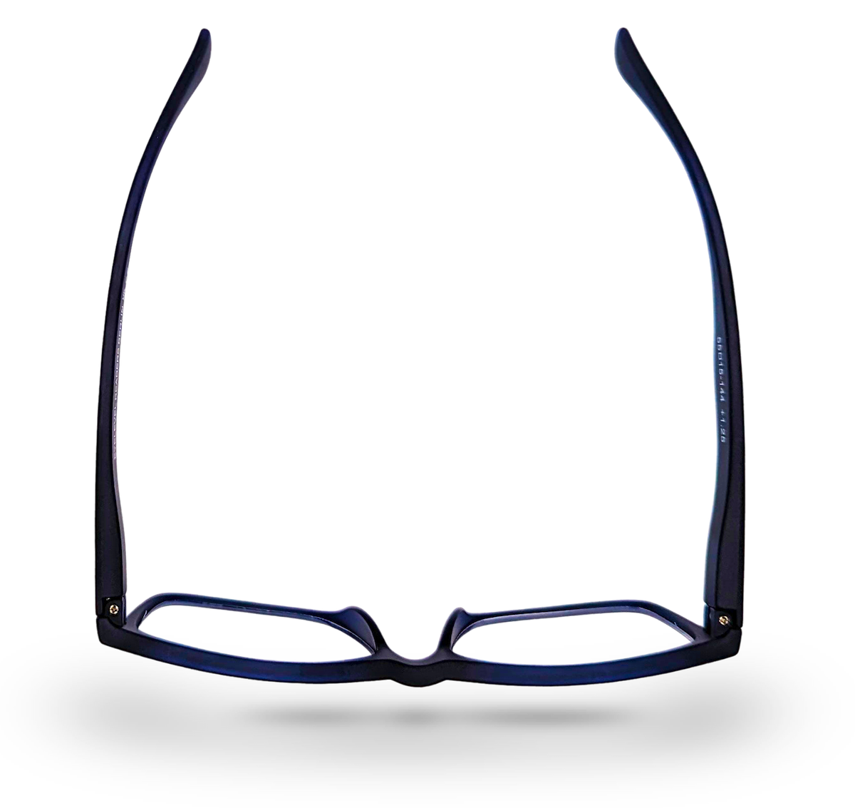 Eyelevel-UK Berlin reading glasses with blue and black rectangular plastic frames viewed from above