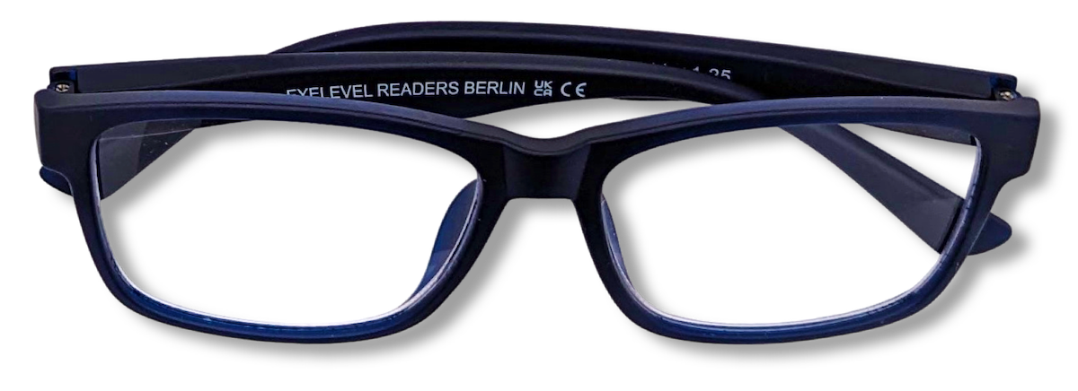 Eyelevel-UK Berlin reading glasses with a black and blue rectangular plastic frame and clear magnifying lenses