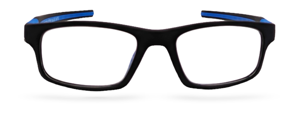 Eyelevel-UK Active Blue reading glasses with a black rectangular frame and bright blue temple accents.