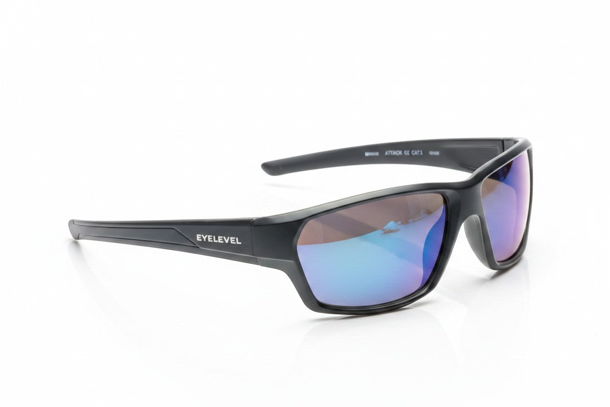 Eyelevel-UK black polycarbonate sports sunglasses with blue mirrored UV400 lenses.