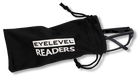 Eyelevel-UK Attorney black reading glasses partially inside a black branded drawstring storage pouch