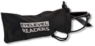 Eyelevel-UK black rectangular reading glasses partially inside a black branded soft felt storage pouch