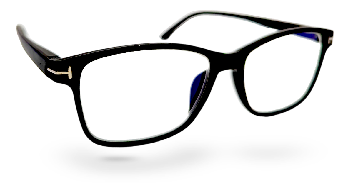 Eyelevel-UK black rectangular blue-light-filtering glasses with gold-tone temple detailing and clear plano lenses.
