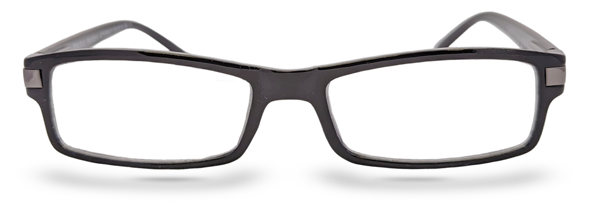 Eyelevel-UK Attorney black rectangular reading glasses with a slim plastic frame and clear magnifying lenses.