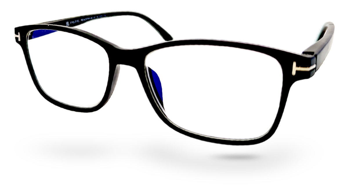 Eyelevel-UK black rectangular reading glasses with blue-light-filtering lenses for digital screen use.
