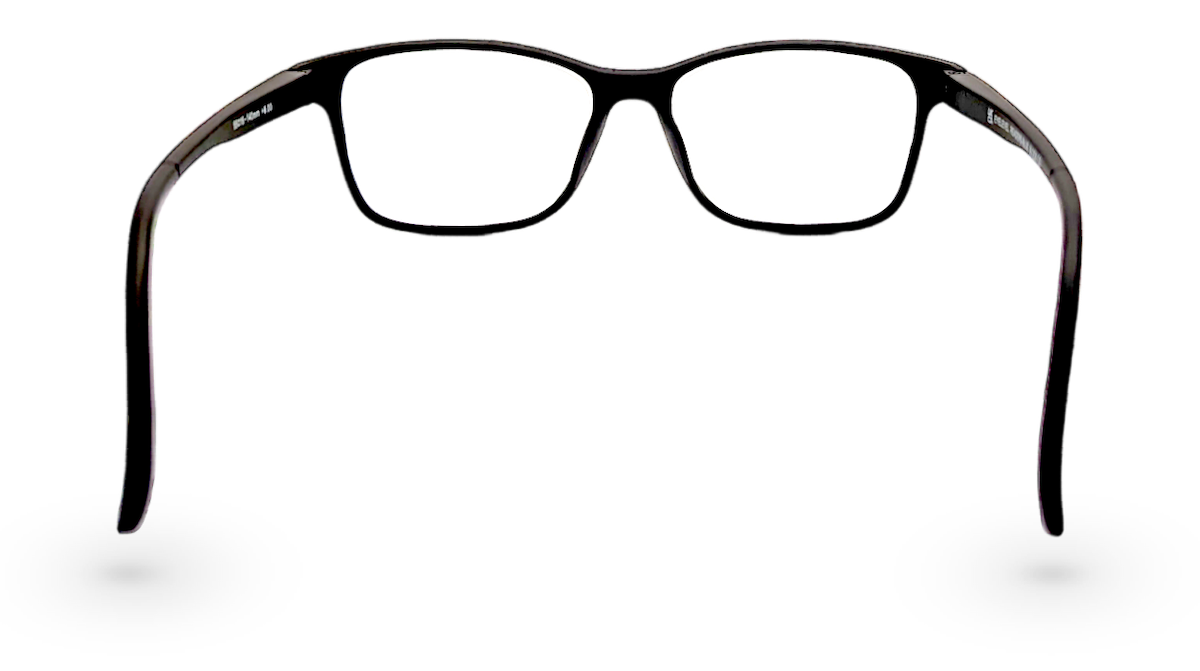 Eyelevel-UK black rectangular reading glasses with blue-light-filtering lenses seen from the back