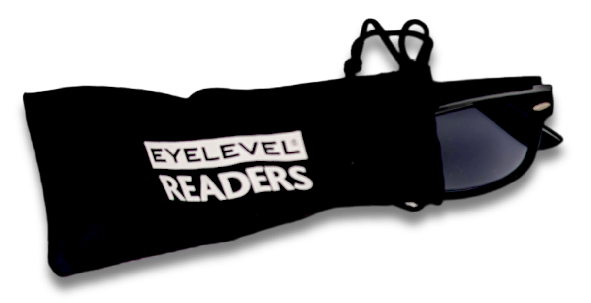 Eyelevel-UK black rectangular sun readers with tinted UV400 lenses inside a soft branded felt storage pouch.