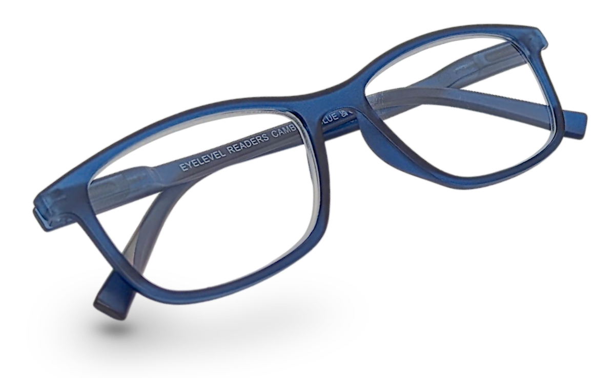 Eyelevel-UK Cambridge Blue rectangular reading glasses with clear magnifying lenses and a classic plastic frame.