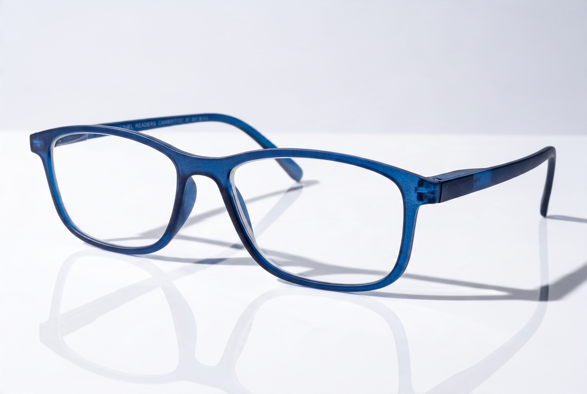 Eyelevel-UK Cambridge blue rectangular reading glasses with clear magnifying lenses on a reflective white surface.