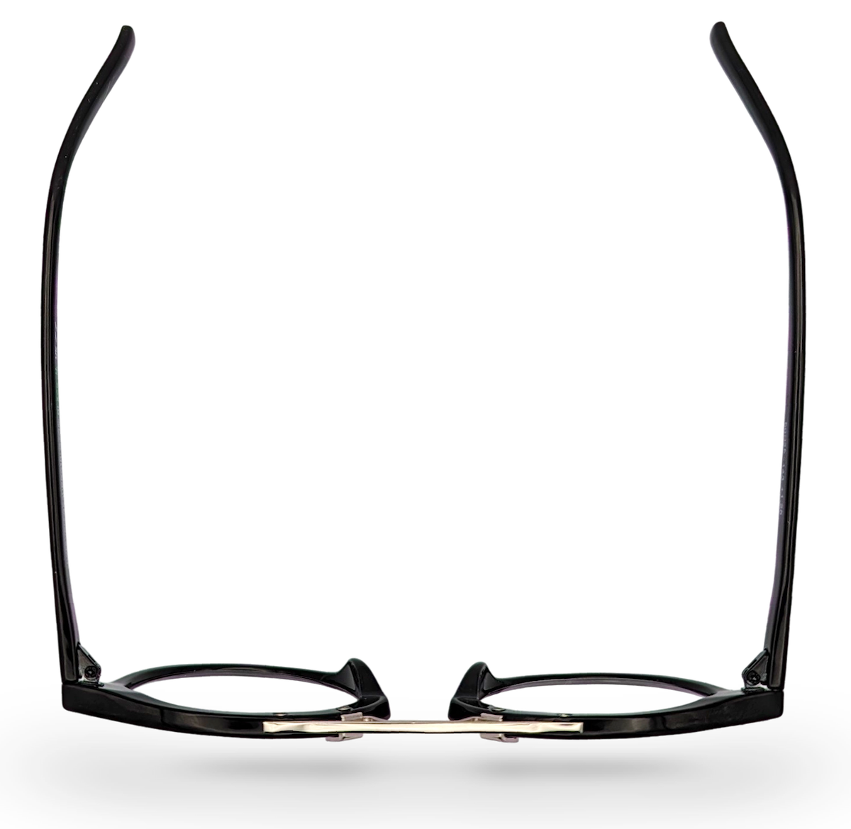 Eyelevel-UK Boston black round reading glasses with a sleek frame and metal bridge detail viewed from above.