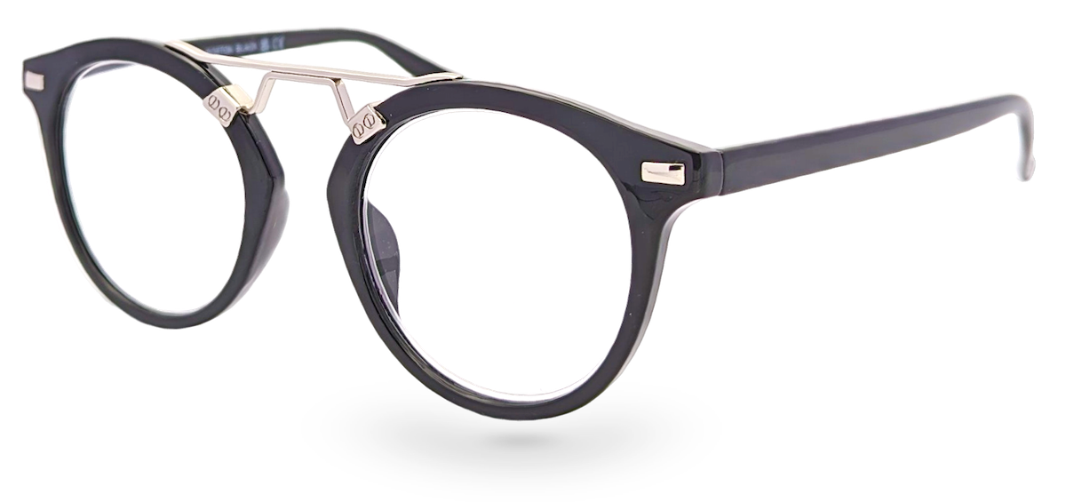Eyelevel-UK Boston black round reading glasses with a metal bridge detail and clear magnifying lenses.