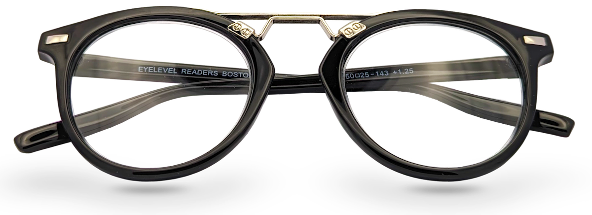 Eyelevel-UK Boston black round reading glasses with a metal bridge detail and clear magnifying lenses