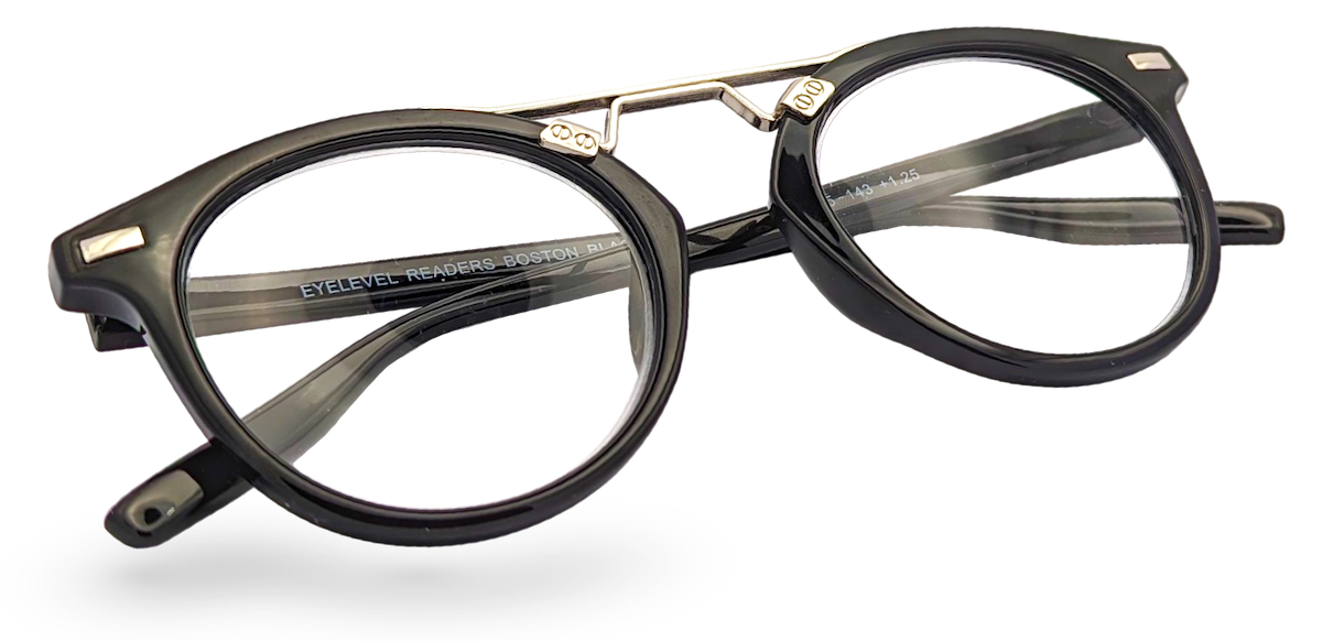 Eyelevel-UK Boston black round reading glasses with a mixed-material frame and silver-tone metal bridge detailing.