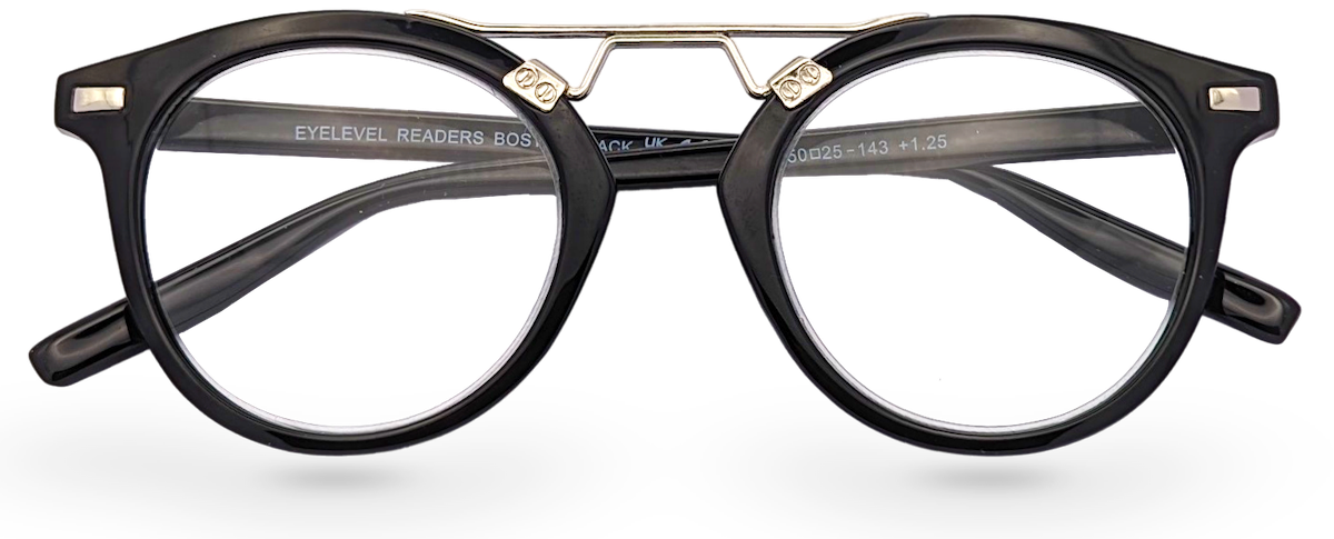 Eyelevel-UK Boston black round reading glasses with a metal bridge and clear magnifying lenses
