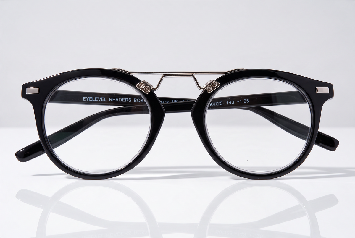 Eyelevel-UK Boston black round reading glasses with a mixed-material frame and metallic bridge detail.