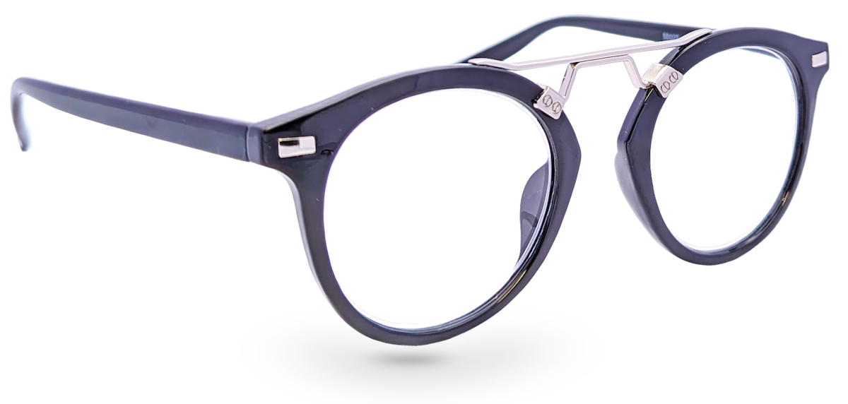 Eyelevel-UK Boston black round reading glasses with a silver metal bridge and classic full-rim frame design.