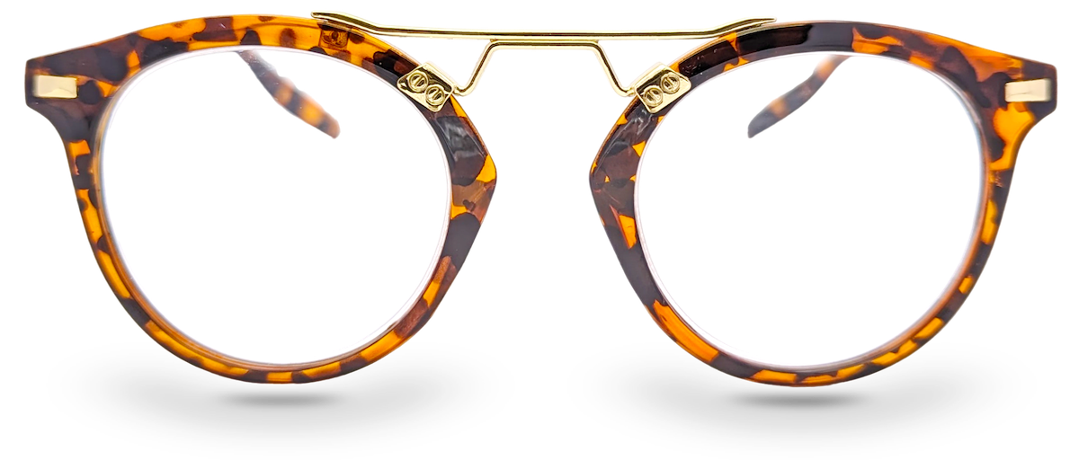 Eyelevel-UK Boston brown tortoiseshell round reading glasses with gold-tone metal bridge detailing
