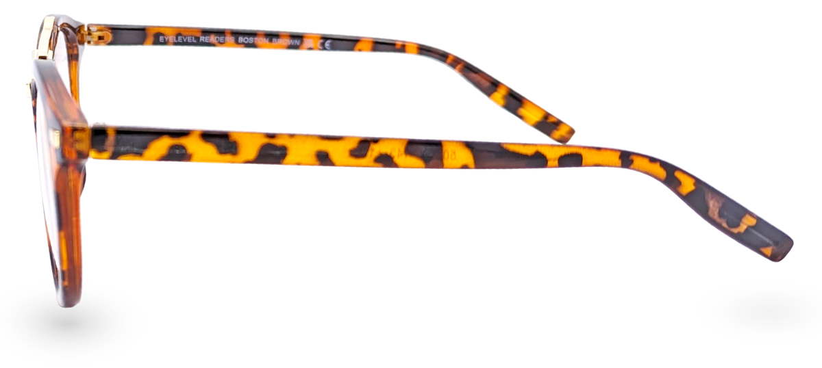 Eyelevel-UK Boston brown tortoiseshell reading glasses with a round frame and metal detailing, side view.