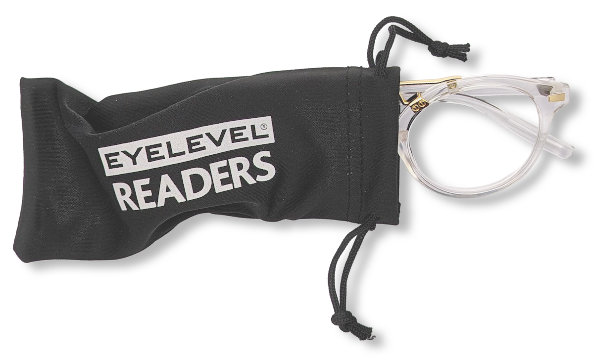 Eyelevel-UK Boston clear round reading glasses with gold-tone accents partially inside a black branded felt pouch