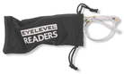 Eyelevel-UK Boston clear round reading glasses with gold-tone accents partially inside a black branded felt pouch