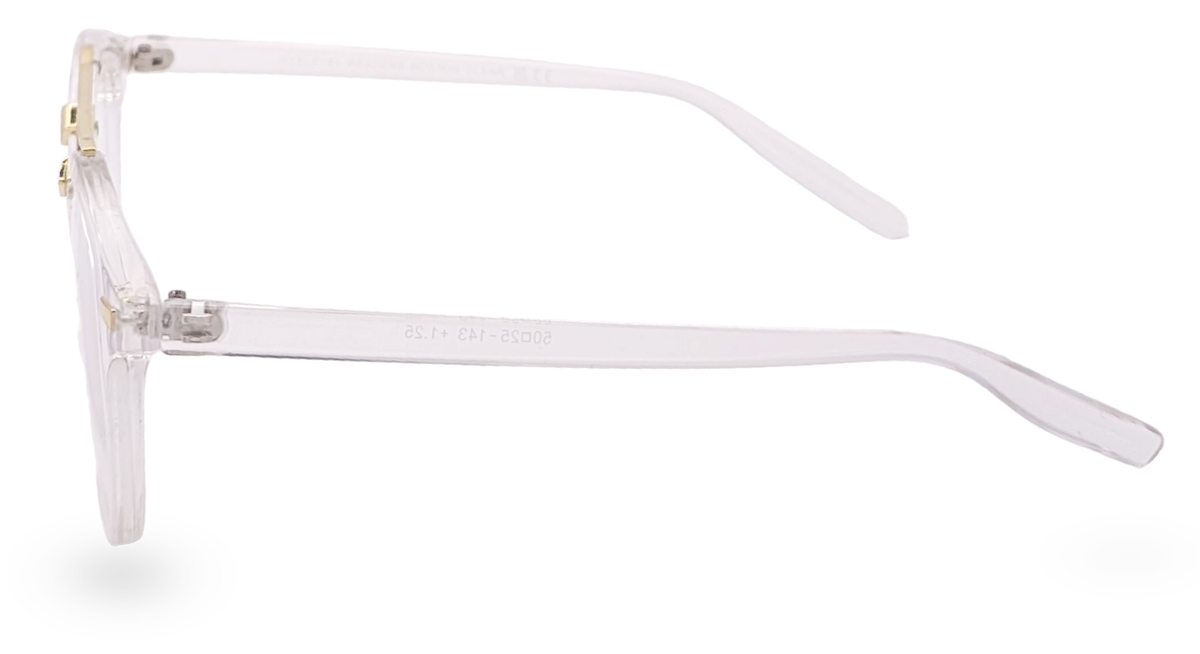 Eyelevel-UK Boston clear round reading glasses with transparent frame and gold-tone temple detailing side view