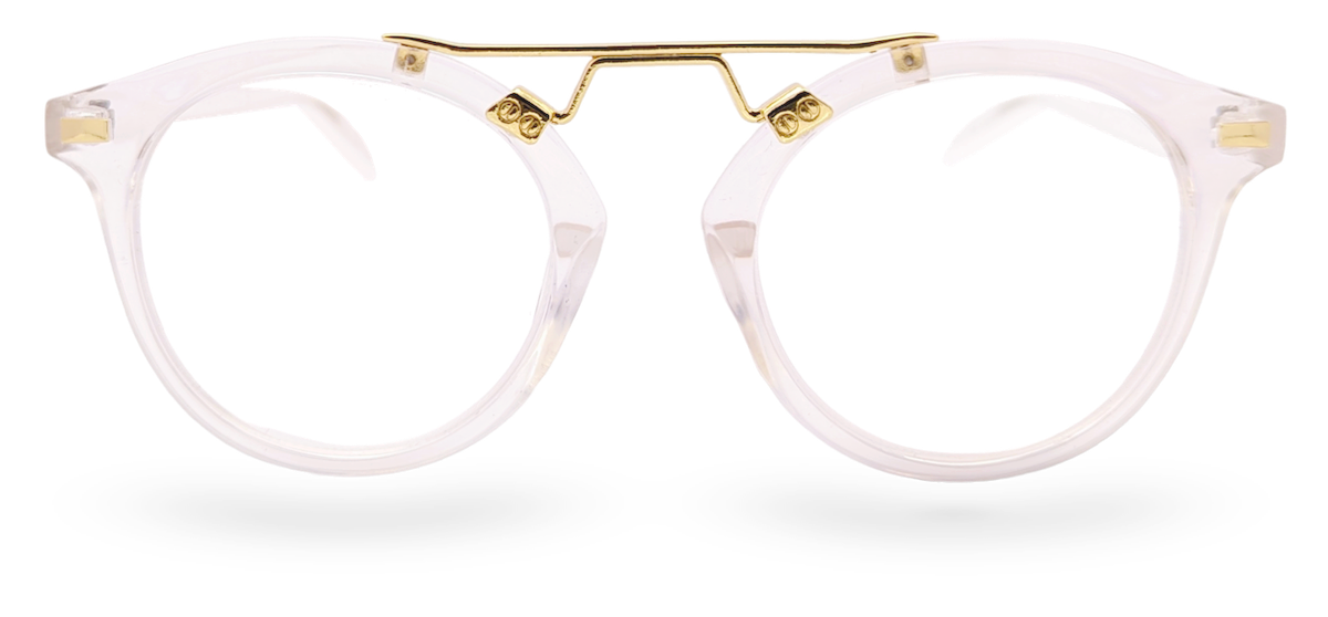Eyelevel-UK Boston reading glasses with a transparent round frame and gold-tone metal bridge detailing.