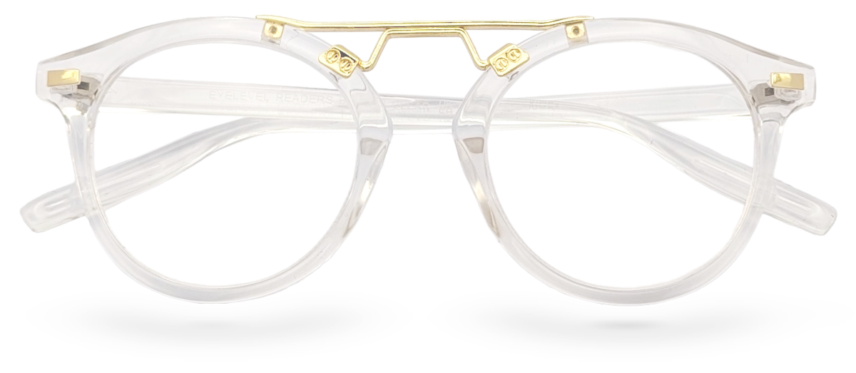 Eyelevel-UK Boston round reading glasses with a transparent frame and gold-tone bridge detailing.
