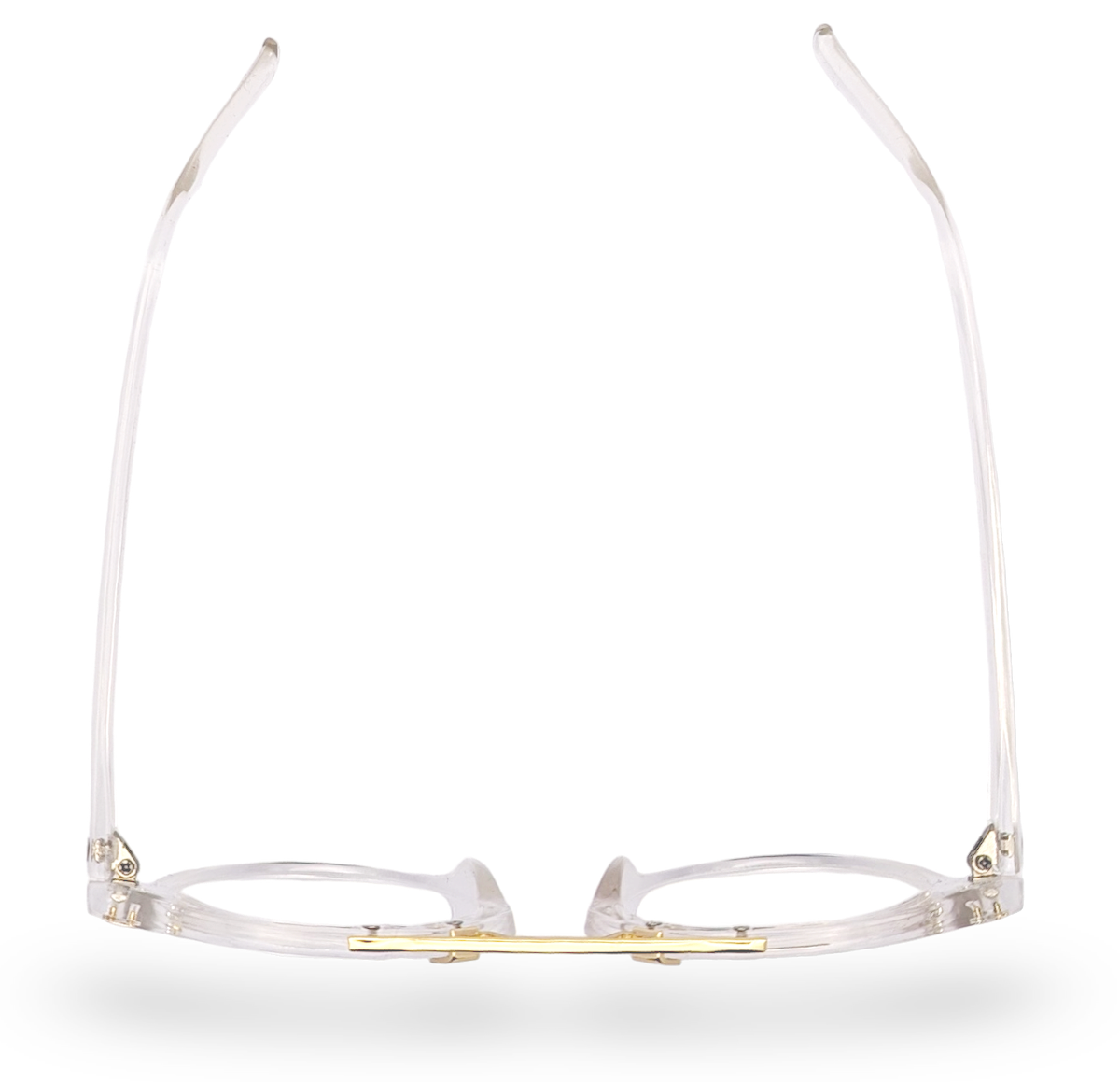 Eyelevel-UK Boston reading glasses with a transparent round frame and gold-tone bridge detail, viewed from above.