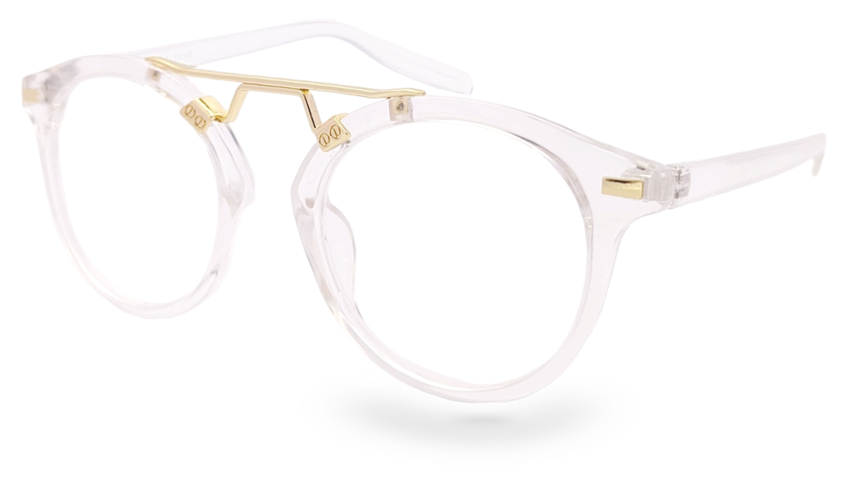 Eyelevel-UK Boston reading glasses with a transparent round frame and gold-tone bridge detailing.