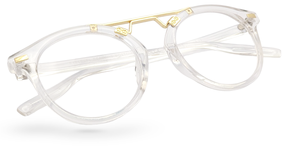 Eyelevel-UK Boston reading glasses with a transparent round frame and elegant pale gold-tone bridge detailing.