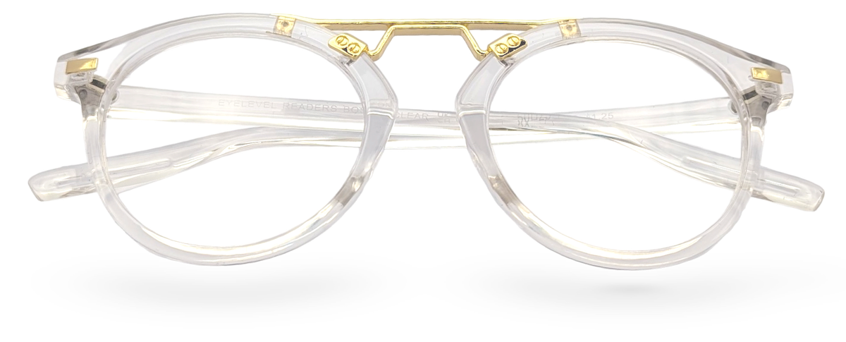 Eyelevel-UK Boston reading glasses with a transparent round frame and gold-tone bridge detailing.