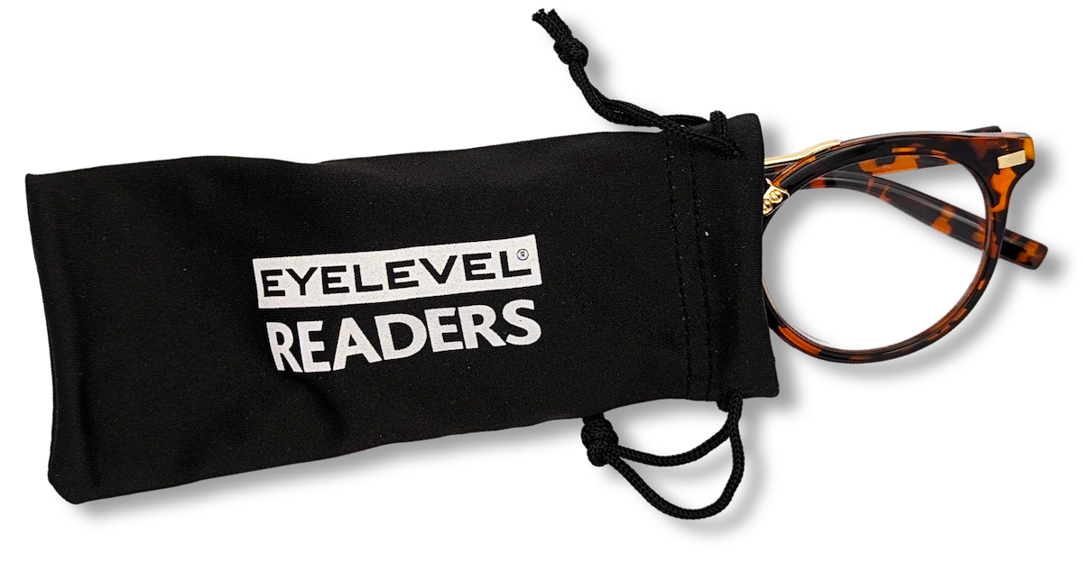 Eyelevel-UK Boston brown tortoiseshell reading glasses with round frames peeking out of a black branded fabric pouch.