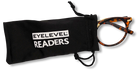 Eyelevel-UK Boston brown tortoiseshell reading glasses with round frames peeking out of a black branded fabric pouch.