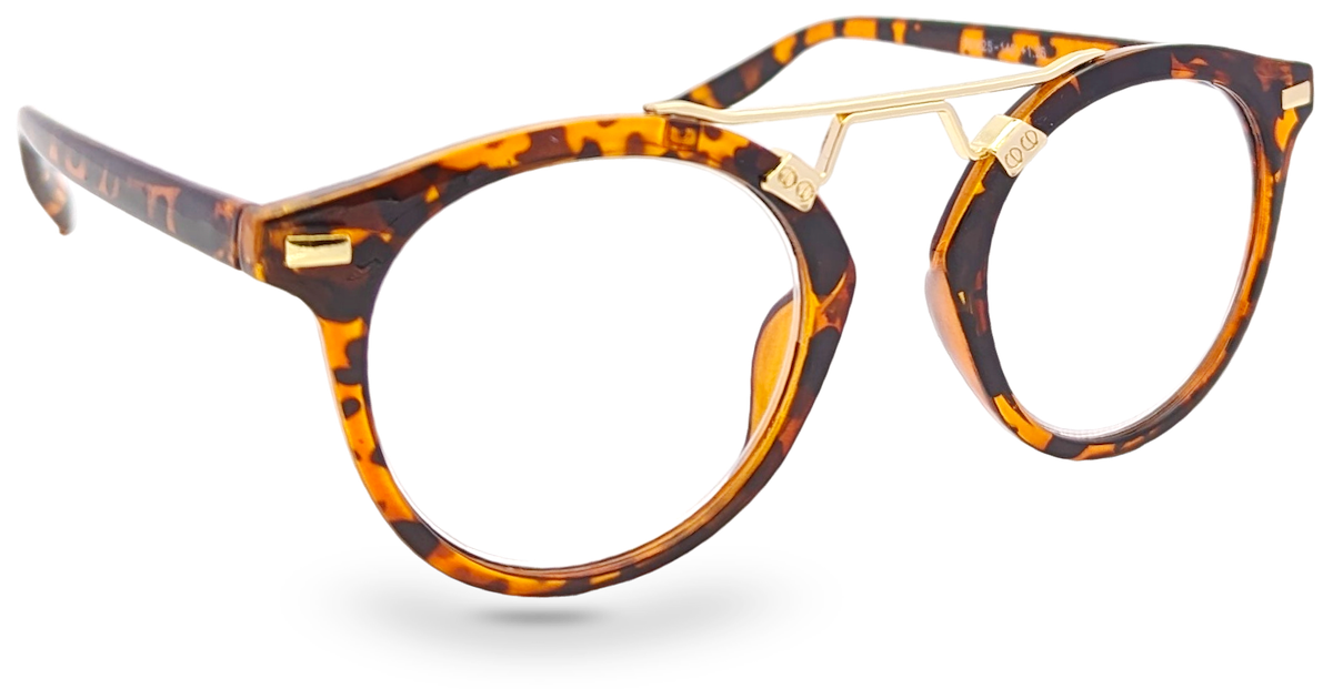 Eyelevel-UK Boston brown tortoiseshell round reading glasses with gold-tone metal bridge and frame detailing.