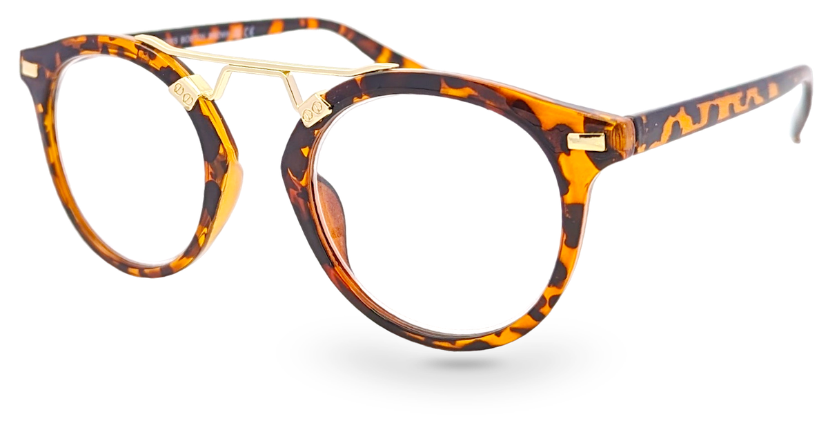 Eyelevel-UK Boston brown tortoiseshell round reading glasses with gold-tone metal bridge detailing