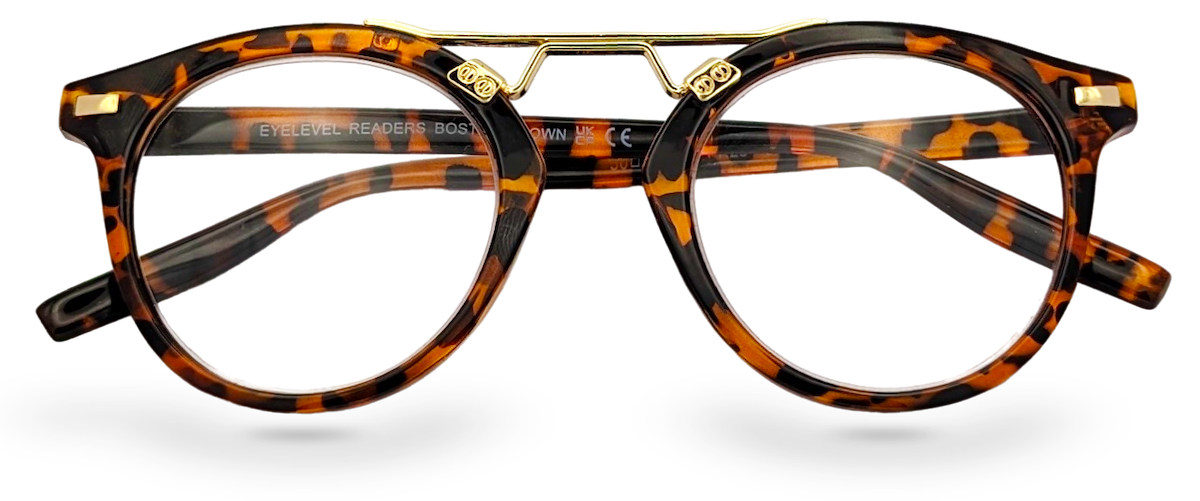 Eyelevel-UK Boston brown tortoiseshell round reading glasses with gold-tone metal bridge detailing