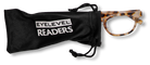 Eyelevel-UK Brazil reading glasses with a light tortoiseshell rounded frame peeking out of a black drawstring pouch
