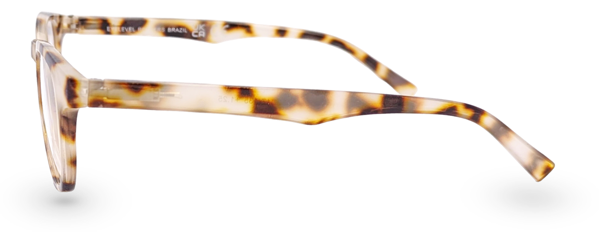 Eyelevel-UK Brazil reading glasses with a light tortoiseshell rounded square plastic frame, side profile view.