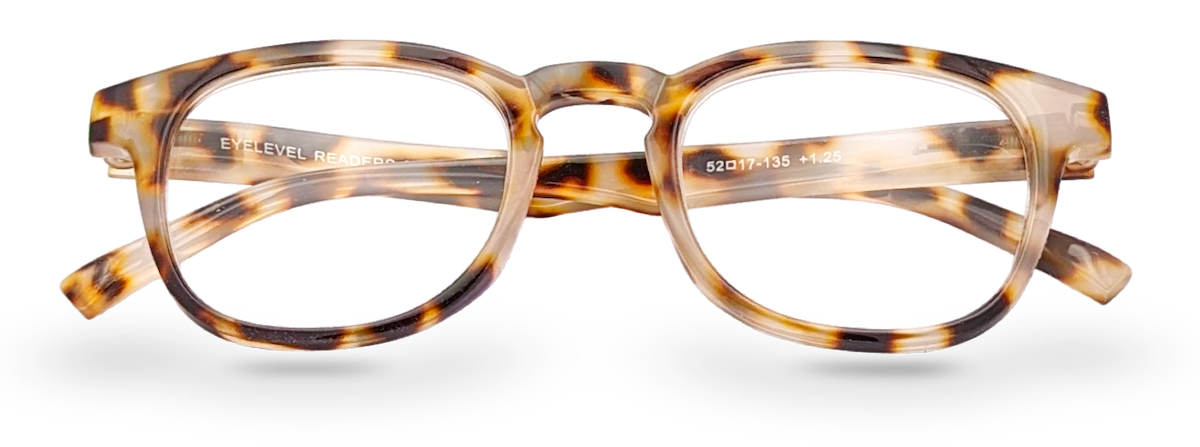 Eyelevel-UK Brazil reading glasses with a rounded light-tortoiseshell plastic frame and clear magnifying lenses.