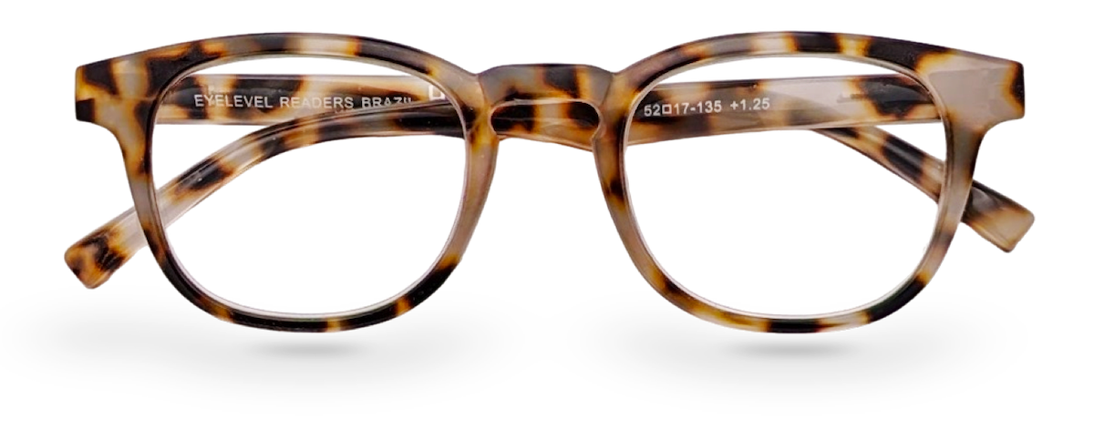 Eyelevel-UK Brazil reading glasses with a rounded square light tortoiseshell frame and clear magnifying lenses.