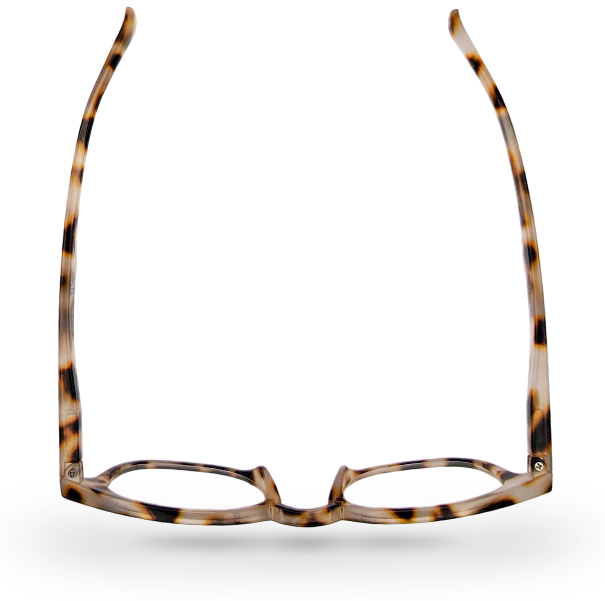 Eyelevel-UK Brazil reading glasses with a rounded light-tortoiseshell plastic frame viewed from above.