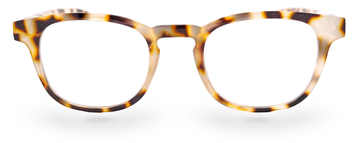 Eyelevel-UK Brazil reading glasses with a light tortoiseshell rounded square plastic frame and clear lenses.
